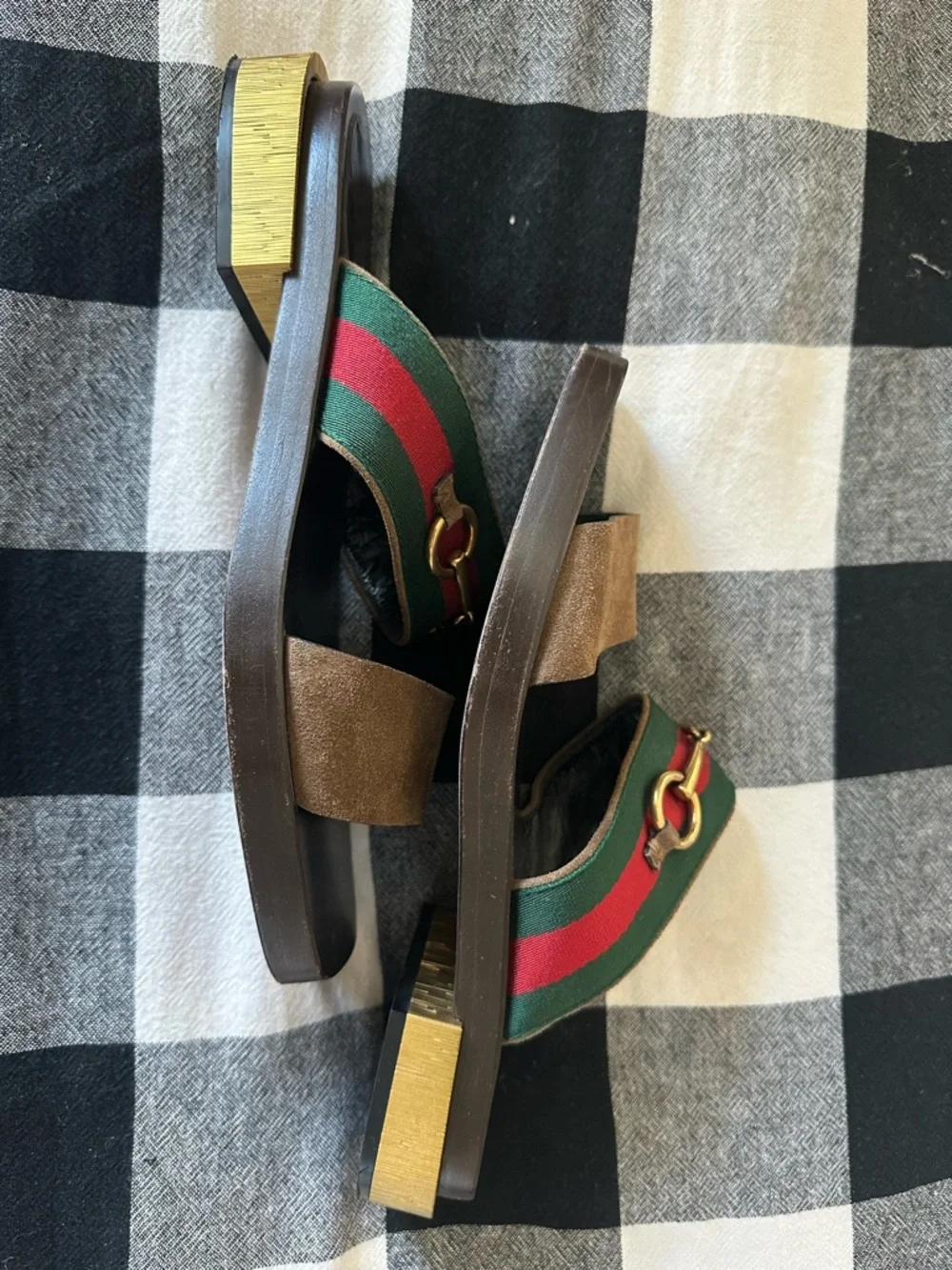 Gucci Brown Suede & Black Slide Sandals with Green and Red Webbing - Picture 2 of 3